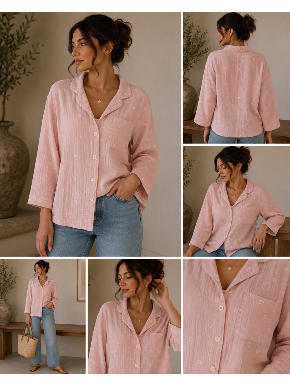 Madewell Heart Print Cotton Button-Up Shirt Womens Small Pink Oversized Casual